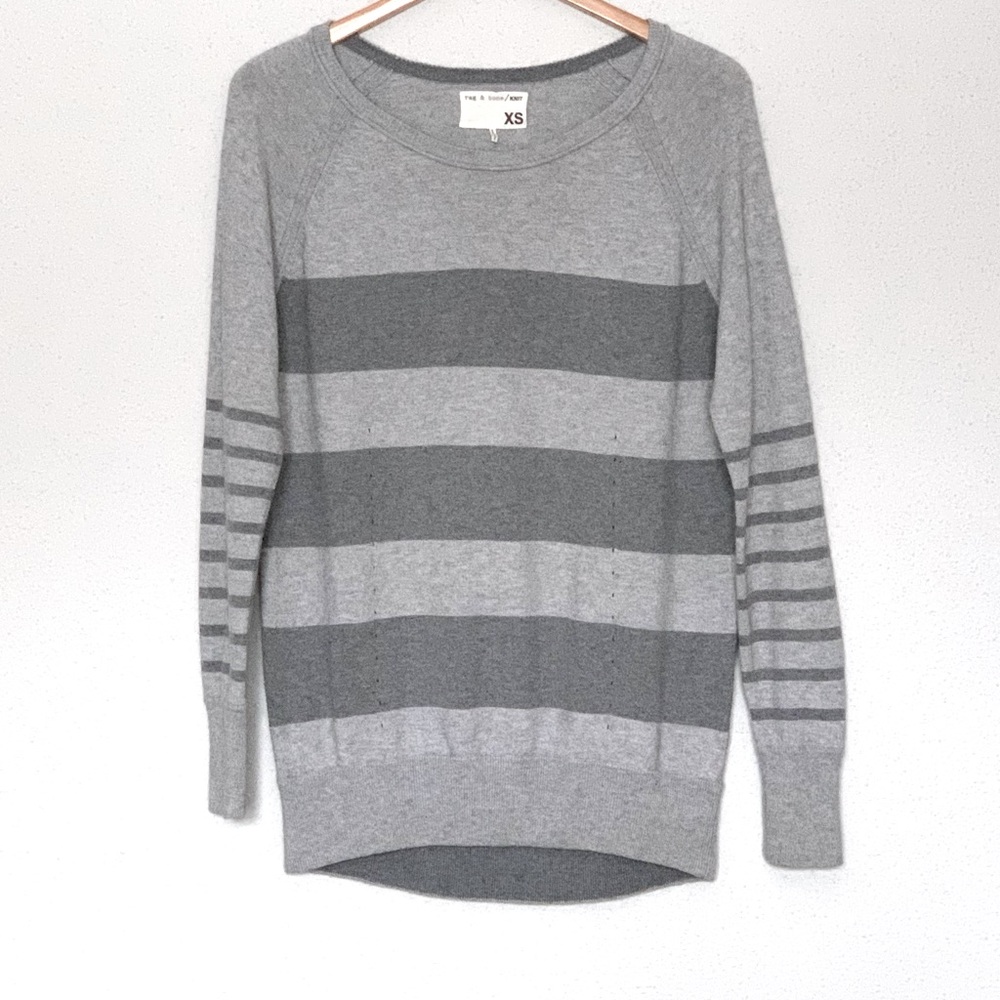 rag & bone Cashmere Cotton Knit Eyelet Pullover Sweater in Grey Striped Sz XS